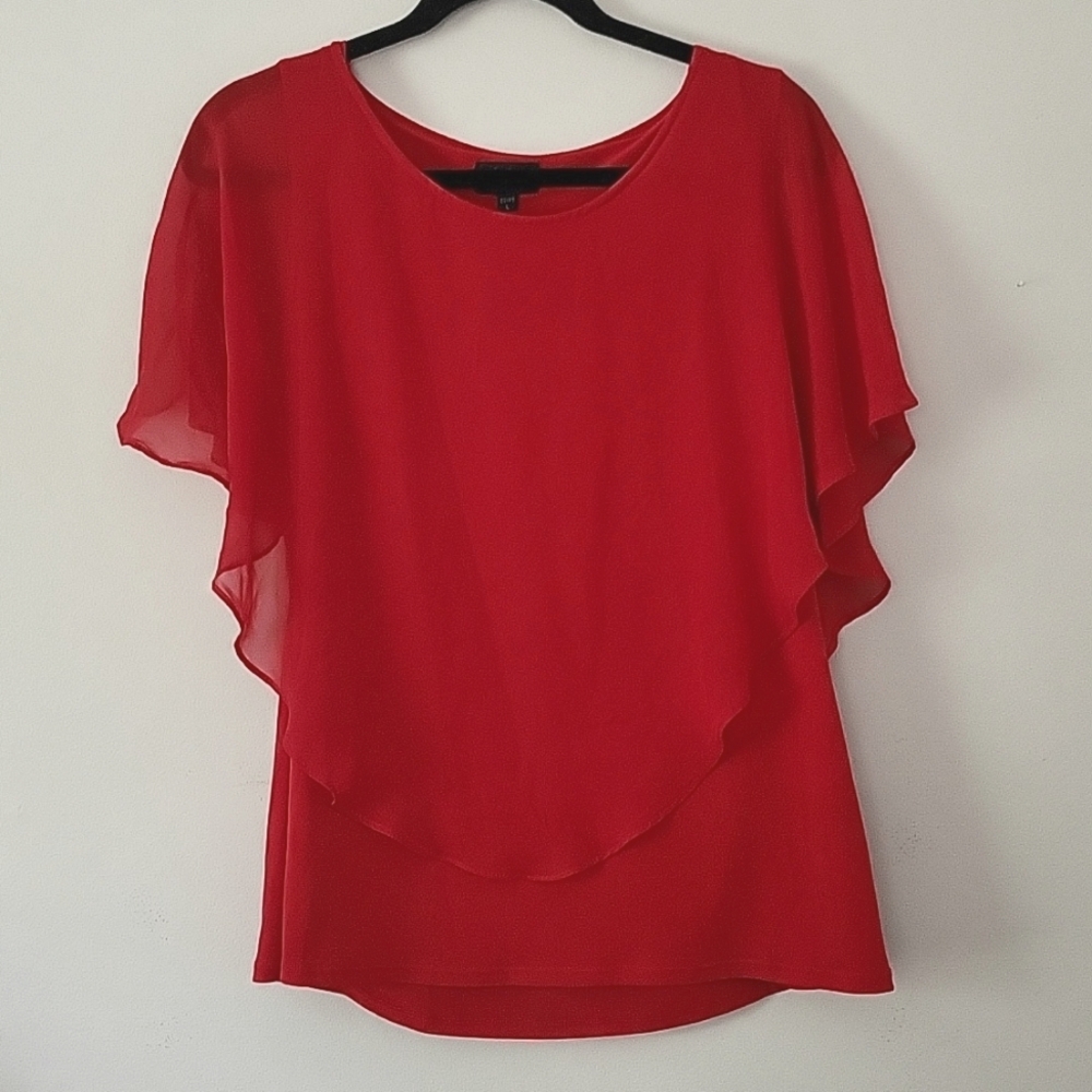 2/$15 Red Sleeveless Blousev With Sheer Petal Overlay (L)